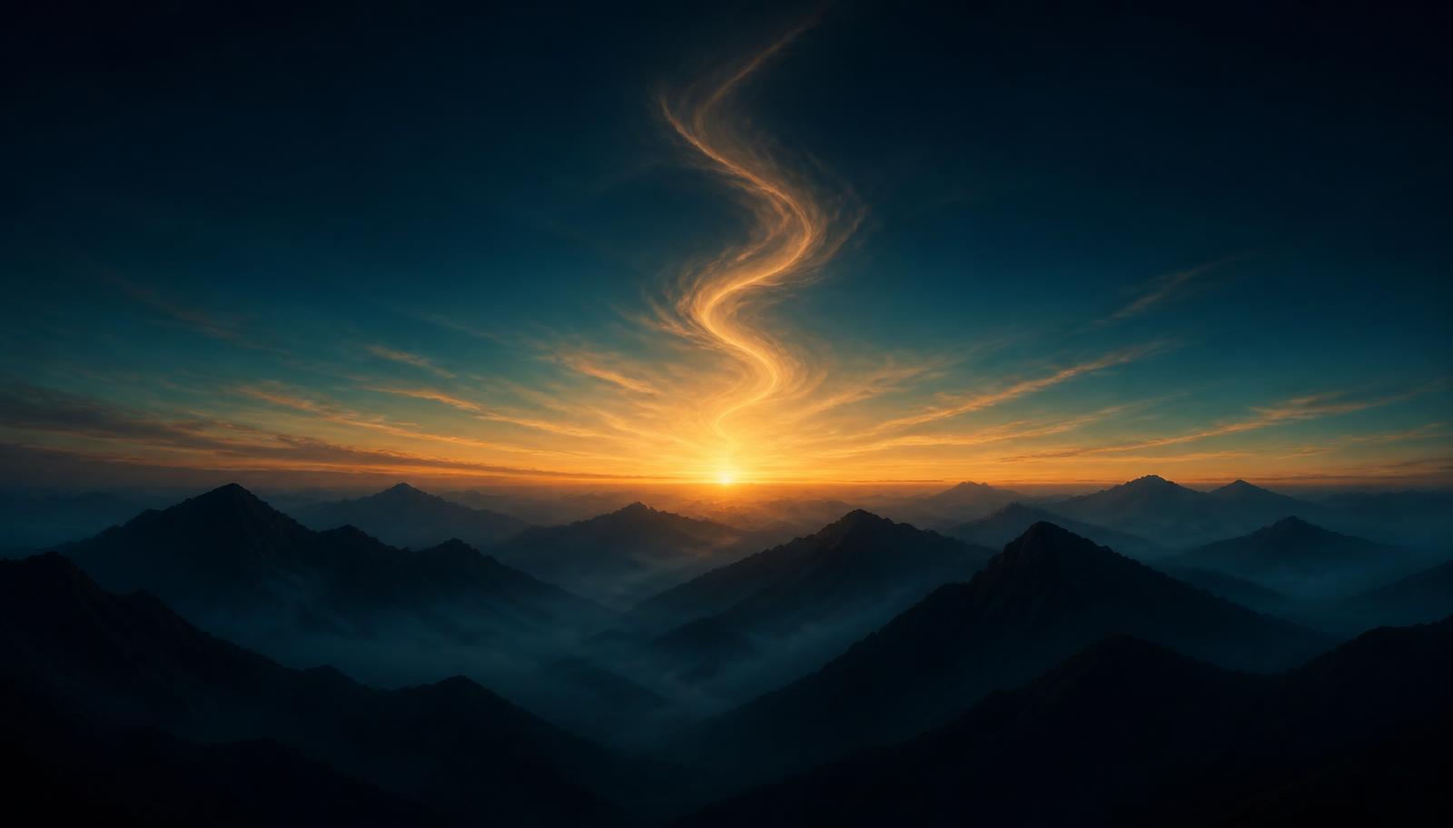 A spiral of light rising over misty mountains at first dawn